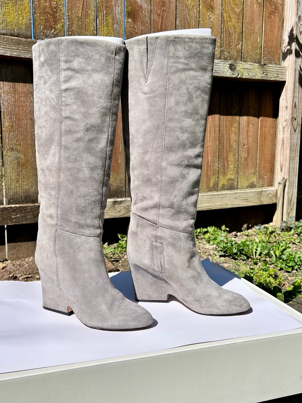 Sam Edelman womens tall Suede Grey WHITNEY Boots 7 covered heels wedge chic min